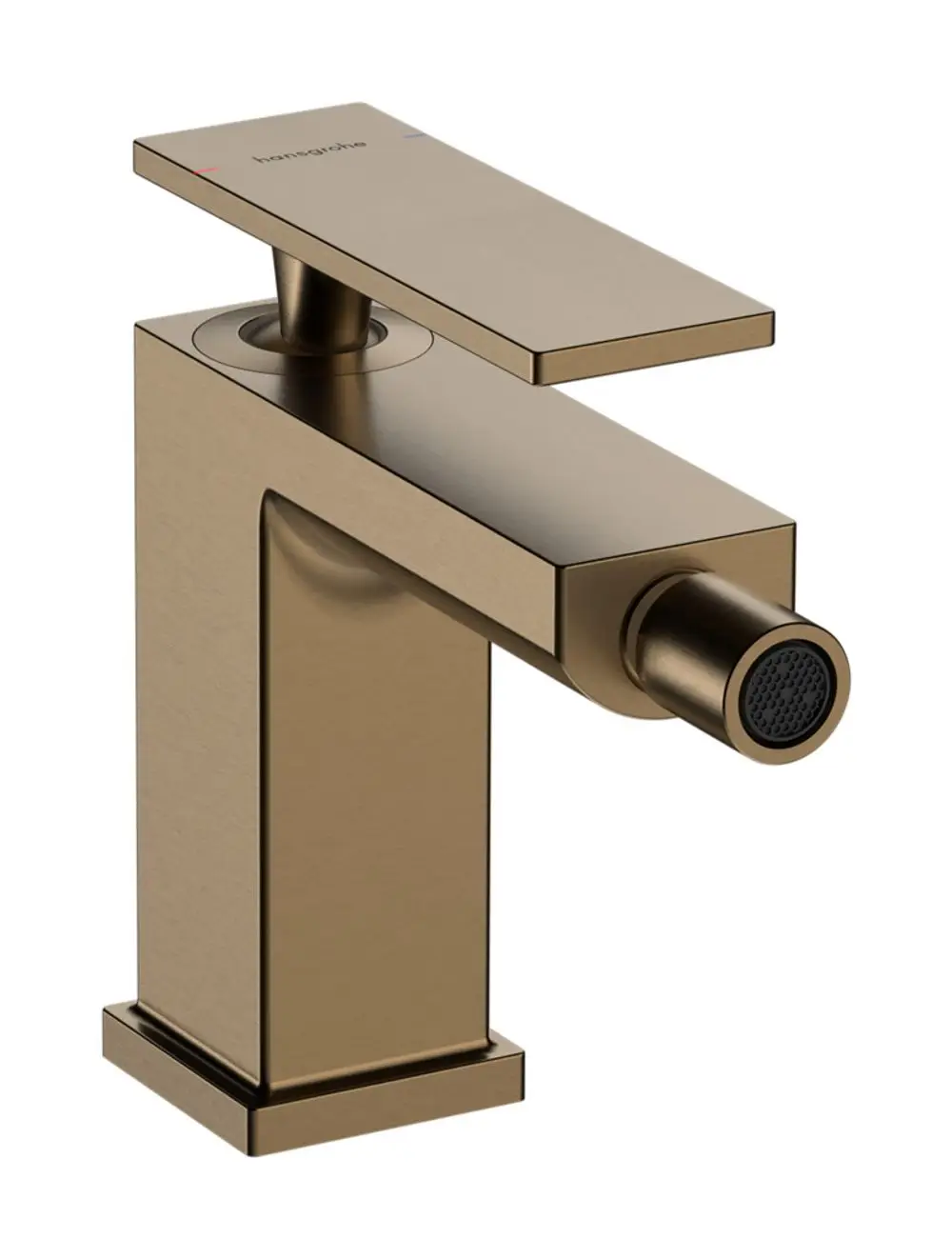 Einhebel-Bidetmischer aus gebürstetem Bronze von Hansgrohe mit flachem Bedienhebel und rundem Auslauf, ausgestattet mit Zugstangen-Ablaufgarnitur.